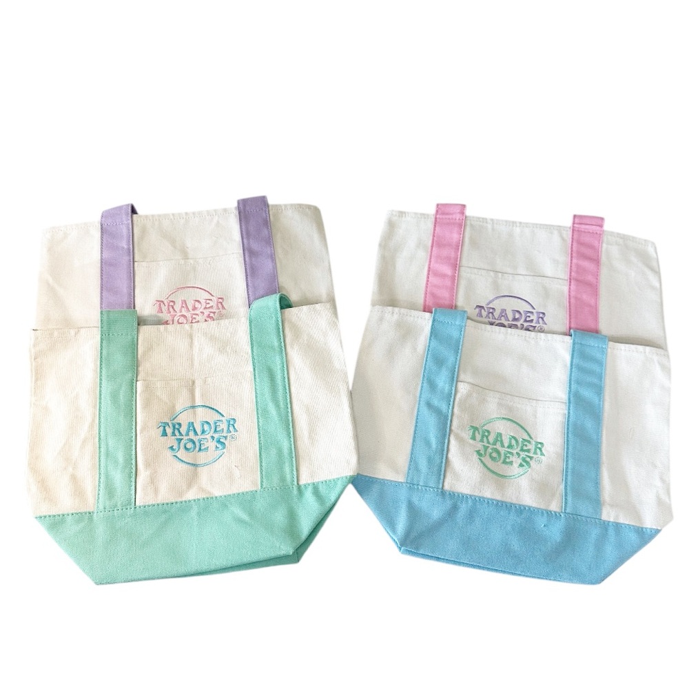 TRADER JOE’S Spring 2026 Pastel Canvas Tote Bag Set/4 Green/Purple/Blue/Pink